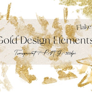 Elementi di disegno astratto oro, set di clipart oro estetico, fiocchi d'oro, tratti di vernice oro, PNG trasparente, uso commerciale, download digitale