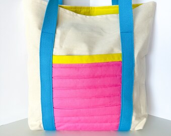 Handmade Color Block Tote bag, Canvas Tote bag, Quilted Tote Bag, Colorful Tote Bag