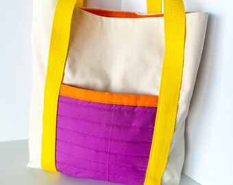 Handmade Color Block Tote bag, Canvas Tote bag, Quilted Tote Bag, Colorful Tote Bag