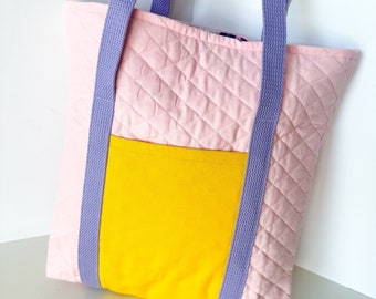 Quilted Handmade Color Block Tote bag, Canvas Tote bag, Quilted Tote Bag, Colorful Tote Bag