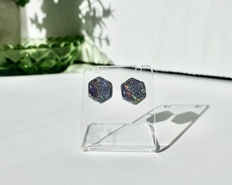 Holographic Hexagon Stud Earrings, Geometric Studs, Gift for Her, Rave Earrings, Festival Earrings, Trendy Jewelry, Girlfriend Gift, Funky