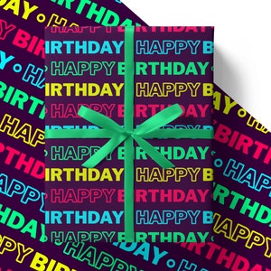 Eco Neon Birthday Wrapping Paper Sheets 84cm x 60cm - Environmentally Friendly Recyclable Premium Gift Wrap in Plastic Free Packaging