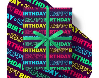 Eco Neon Birthday Wrapping Paper Sheets 84cm x 60cm - Environmentally Friendly Recyclable Premium Gift Wrap in Plastic Free Packaging