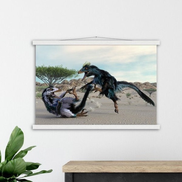 Feathered Dinosaur Art Poster with Hanger by Paleo Dinosaurs Art - Semi-Glossy Paper Poster & Hanger various sizes up to 24"x32"