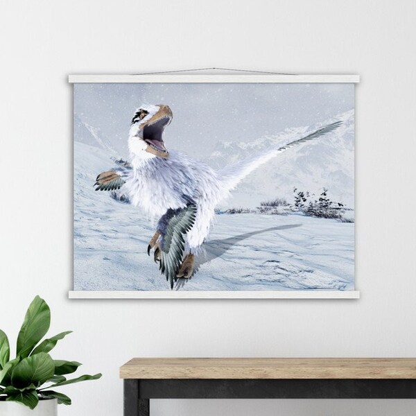 Feathered Dinosaur Art Poster with Hanger by Paleo Dinosaurs Art - Semi-Glossy Paper Poster & Hanger various sizes up to 24"x32"