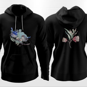 Beautiful Superb Fairy-Wren and Flowers Illustration Art on a Classic Unisex Pullover Hoodie available in various colors and sizes image 1