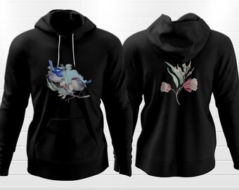 Beautiful Superb Fairy-Wren and Flowers Illustration Art on a Classic Unisex Pullover Hoodie available in various colors and sizes