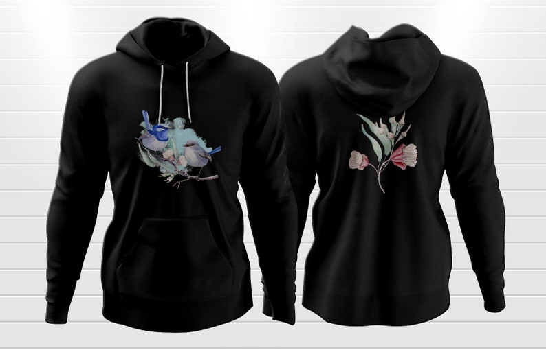 Beautiful Superb Fairy-Wren and Flowers Illustration Art on a Classic Unisex Pullover Hoodie available in various colors and sizes image 1