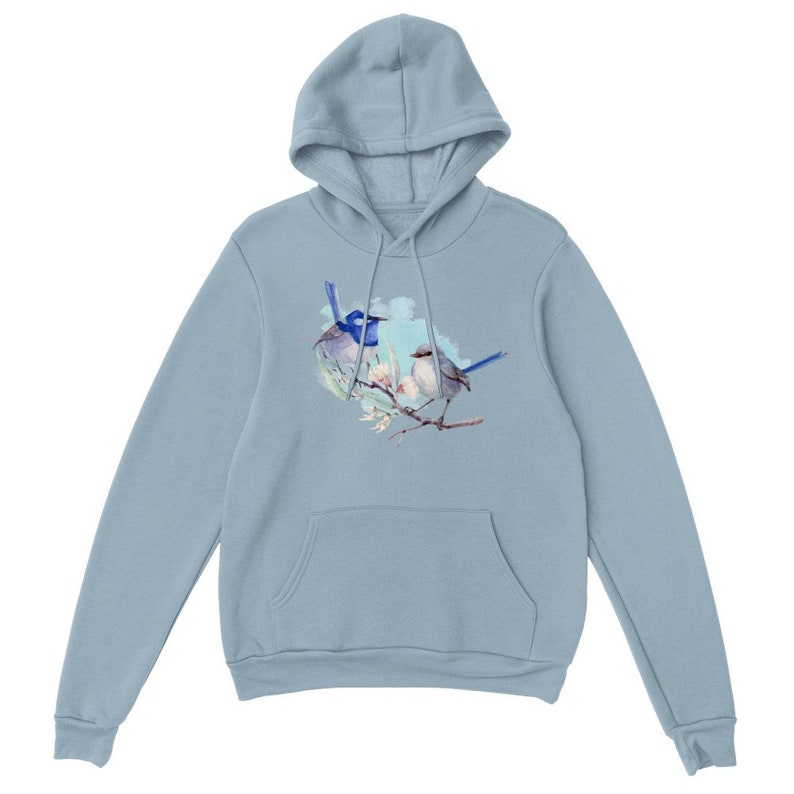 Beautiful Superb Fairy-Wren and Flowers Illustration Art on a Classic Unisex Pullover Hoodie available in various colors and sizes image 8