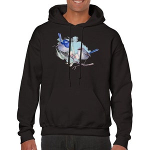 Beautiful Superb Fairy-Wren and Flowers Illustration Art on a Classic Unisex Pullover Hoodie available in various colors and sizes image 3
