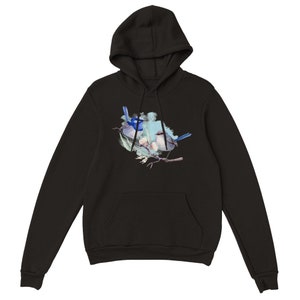 Beautiful Superb Fairy-Wren and Flowers Illustration Art on a Classic Unisex Pullover Hoodie available in various colors and sizes image 2