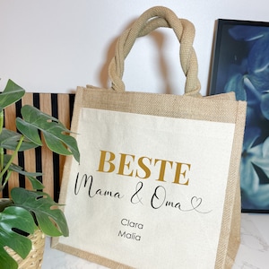 Beste Mama & Oma / Mama Oma mit Herz / Geschenk Jutetasche mit Baumwollfach / Muttertag/ Geburtstag / personalisiert