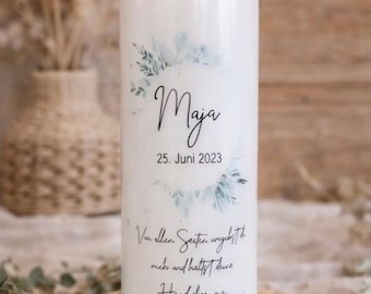 Christening candle with eucalyptus frame / Christening candle with name and baptism verse / Christening gift / Pillar candle