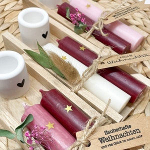 Gift set Christmas candles with star, candle holder and greeting message in different colors