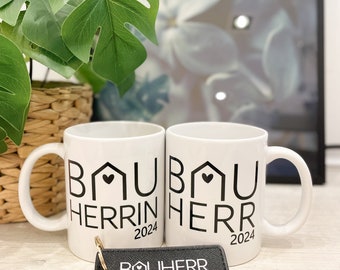 BAUHERR / BAUHERRIN personalisierte Tassen und Schlüsselanhänger / Geschenk für Bauherren