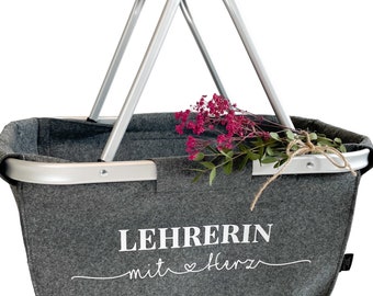 Lehrerin mit Herz untersch. Designs, Abschiedsgeschenk, Dankeschön / verschiedene Taschenmodelle Einkaufskorb Filzkorb Jutetasche