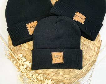 Familienset Beanie/Wintermütze SCHWARZ mit Personalisierung oder Wunschaufdruck