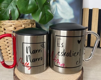 Personalisierter Edelstahlbecher mit Karabiner mit Deckel , Partypeace für JGA, Festival, Fasnet, Tasse