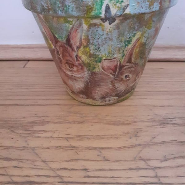 Hand decorated plant pot rabbit design indoor or outdoor use