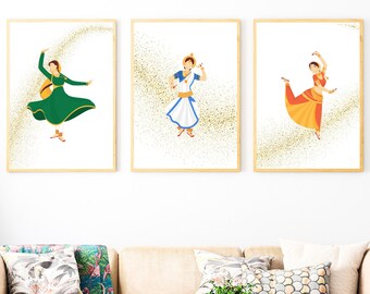 Set of 3 Indian Dancers A3 Digital Prints | Indian Classical Dancers with Gold Background