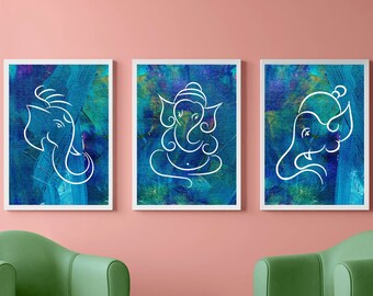 Set of 3 Ganesha with Blue Green Abstract Background A3 Digital Prints