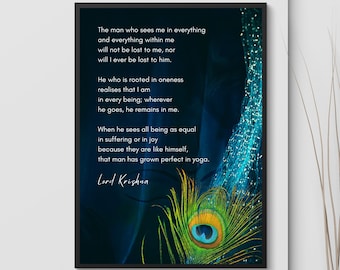 Digital Download A3 Verse from Lord Krishna in English with Peacock Background Design | Bhagavad Gita Verse Hindu Wall Art