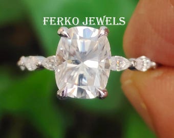 Wydłużony pierścionek zaręczynowy z moissanitem o szlifie poduszkowym/Pierścionek z białego złota 14k z diamentami o szlifie poduszkowym/Długi pierścionek z pojedynczym kamieniem o szlifie poduszkowym/Unikalna obrączka ślubna