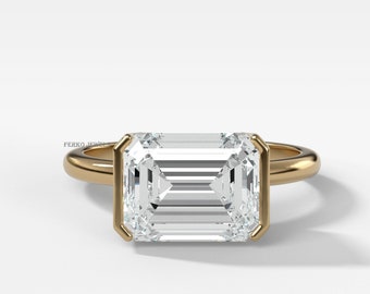 East To West Ring Emerald Cut Moissanite Engagement Ring Solitaire Ring Half Bezel Set Ring 14K Yellow Gold Ring Anniversary Ring