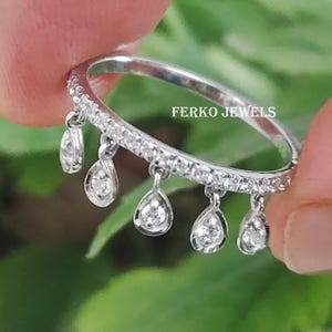 Diamond Drop Ring / Round Cut Moissanite Engagement Ring / Dangling Ring / Charm Wedding Ring / Tassel Ring Gift For Her / Anniversary Ring