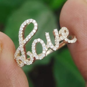 Love Name Ring/Love Letters Ring/Round Cut Diamond Script Love Ring/Lovers Promise Ring/Cursive Love Ring/Love Alphabet Ring/Romantic Ring