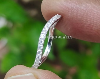 Moissanite Diamond Wave Wedding Band/14K White Gold Bridal Jewelry/Girls Matching Full Eternity Band/Unique Ring Anniversary Gift for Wife