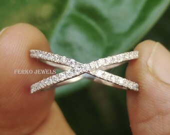 Criss Cross Wedding Ring/Crossover Round Moissanite Ring/X Cross Round Diamond Ring/Half Eternity Wedding Band/Unique 14K White Gold X Ring