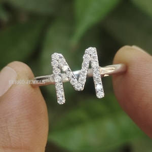 Anillo con nombre personalizado de la A a la Z/Anillo con letras de moissanita/Anillo personalizado único/Anillo con alfabeto/Anillo con inicial personalizado en oro blanco de 14 quilates/Anillo con monograma