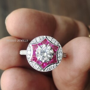 Round Diamond And Ruby Floral Halo Vintage Ring/Antique Victorian Ring/Milgrain Art Deco Ring/Circa 1920's Style Ring/Birthday Gift Ring