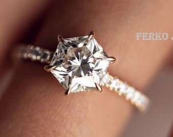 Hexagon cut Moissanite Vintage Ring/hidden halo Engagement Ring/Art deco Anniversary Ring/promise Ring/brilliant bridal Ring/14K Gold Ring