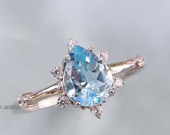 Pear Cut Aquamarine Unique Engagement Ring/March Birthstone/Aquamarine Diamond Wedding Ring/Anniversary Gift for Wife/Vintage Proposal Ring