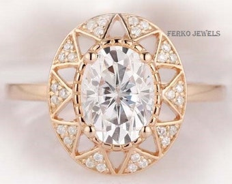 Oval Cut Moissanite Ring/Unique Engagement Ring/Art Deco Vintage Wedding Ring/14k Rose Gold Ring/Oval Diamond Cluster Ring/Anniversary Gift