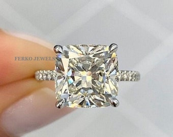 Cushion Cut Moissanite Engagement Ring/Cushion Diamond Ring/White Gold Hidden Halo Ring/Vintage Wedding Ring/Unique Promise Anniversary Gift