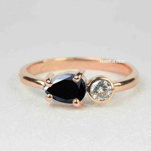 Black Moissanite Pear Cut Engagement Ring/Pear East West Vintage Ring/Unique Anniversary Ring /two stone 14K Rose Gold Ring /Toi Et Moi Ring
