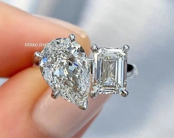 Pear Cut Toi Et Moi Ring/Emerald Cut Moissanite Engagement Ring/14K White Gold Wedding Ring/Two Stone Ring/Promise Ring/Anniversary Gift