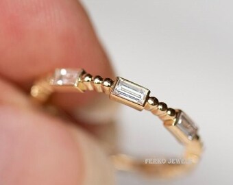 Baguetteslipad moissanit vigselring/Baguette diamantring/Unik alliansring i gult guld/Vintagering/Antik matchande gåva