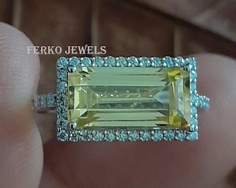 Canary Yellow Baguette Cut Ring / East West Halo Engagement Ring / Cocktail Wedding Ring / Unique Birthday Ring / Halo Anniversary Ring