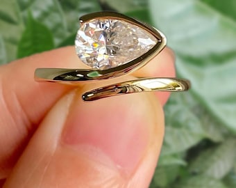 Pear Cut Diamond East West Ring Pear Moissanite Open Wedding Ring Half Bezel Set Bypass Ring pear Engagement Ring Unique Yellow Gold Ring