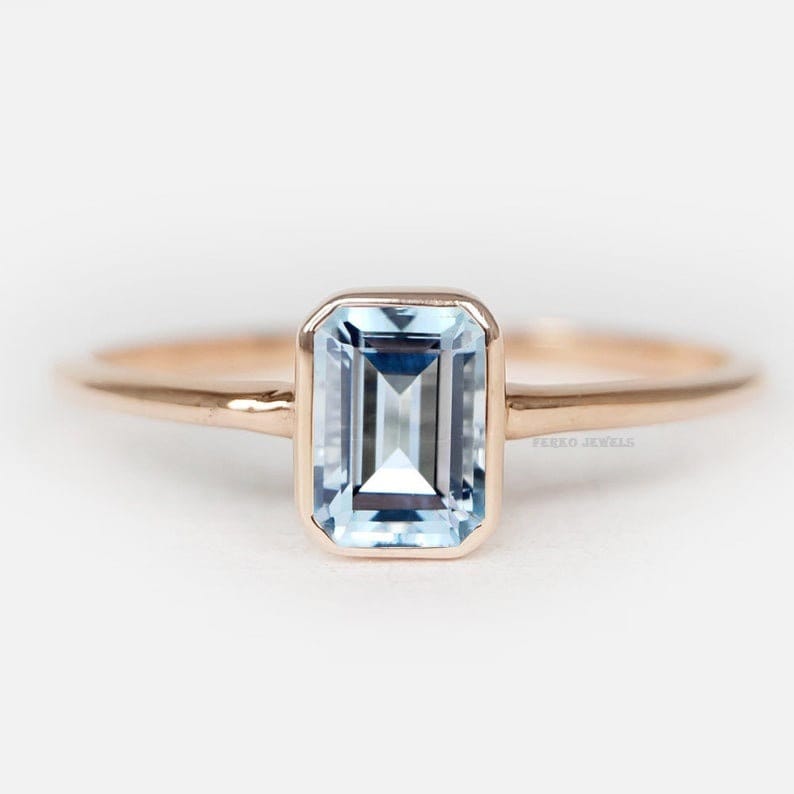 Aquamarine Emerald Cut Bezel Ring