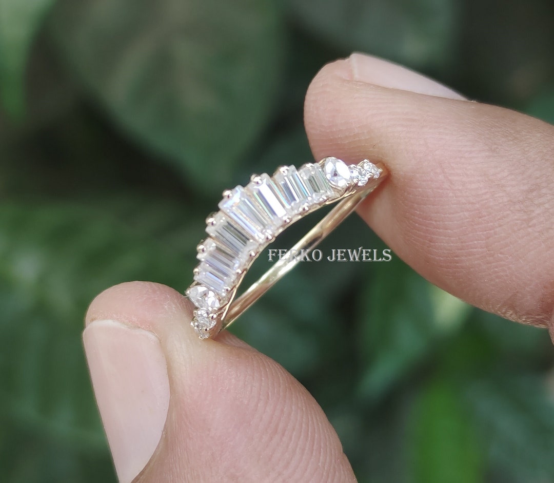 Moissanite Band Curved Wedding Band 14K Yellow Gold Baguette Chevron ...