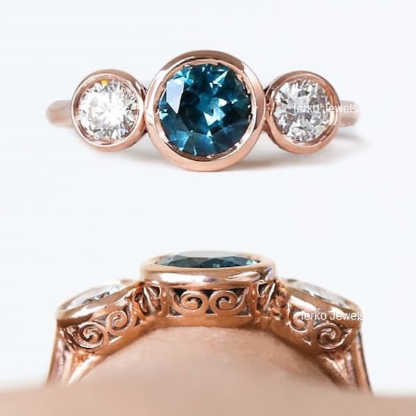 Vintage Engagement Ring/London Blue Topaz Wedding Bridal Ring/Vintage Art Deco bezel Ring/Antique Blue Sapphire Ring/Round Three Stone Ring