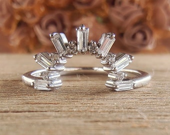 Gebogen trouwring stokbrood gesneden Moissanite band sierlijke witgouden Chevron Vintage Art Deco stapelen bijpassende ring