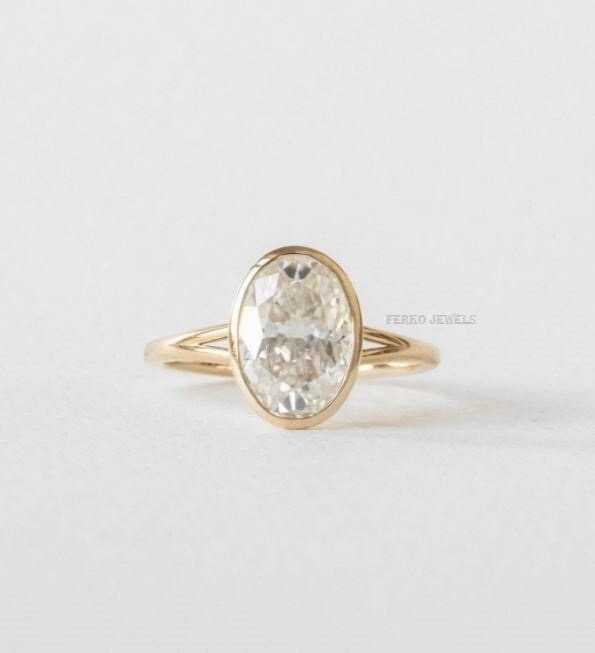 Oval Cut Moissanite Bezel Set Engagement Ring/14k Yellow Gold Solitaire ...