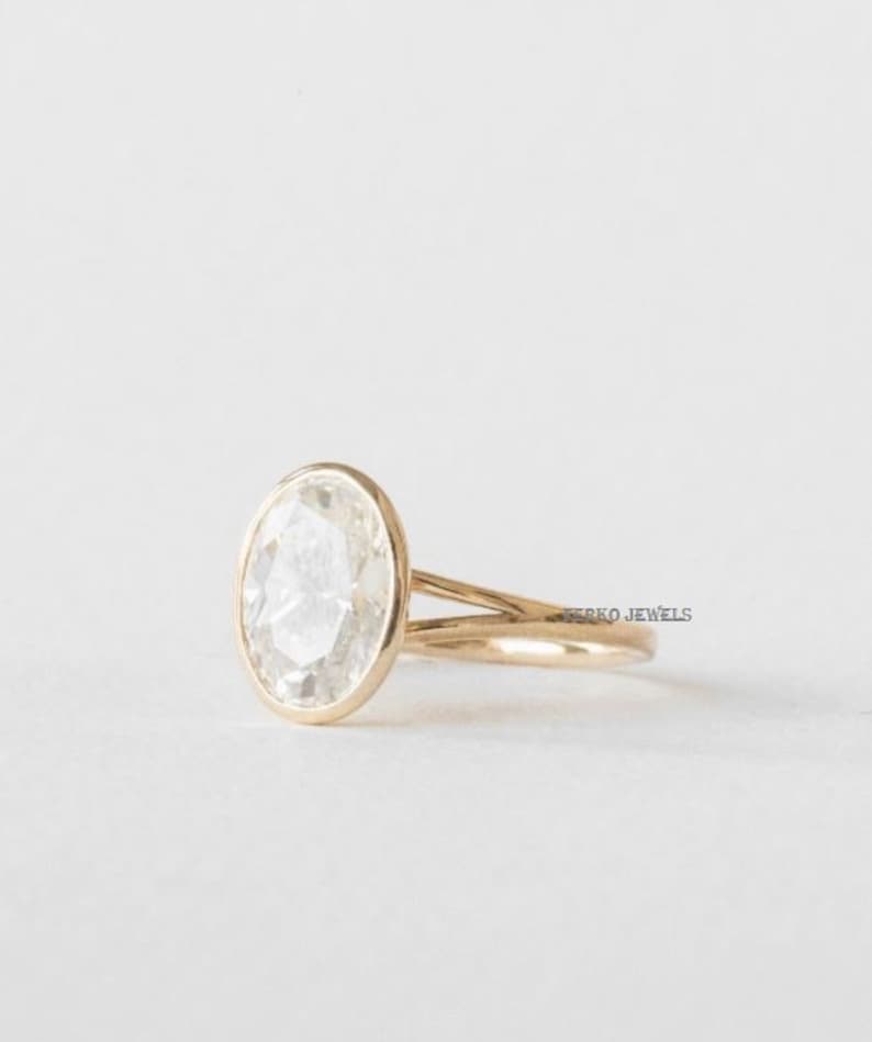 Oval Cut Moissanite Bezel Set Engagement Ring/14k Yellow Gold Solitaire ...