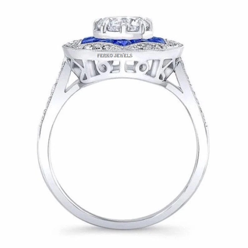 Round Diamond Sapphire Floral Halo Art Deco Ring Antique - Etsy